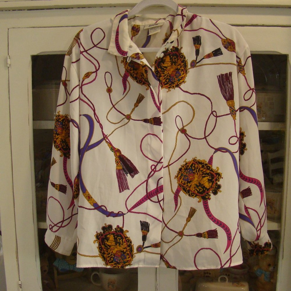 Lucia Collared Button Down Ribbons Purple White Long Sleeve Blouse Size 8